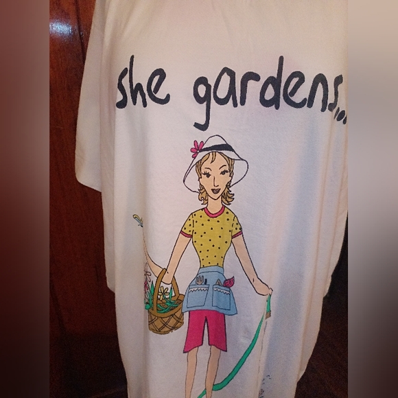 **Vintage** Simply Basic (Sleepwear) Graphic T-Shirt Dress with Gardening Print - Picture 2 of 9